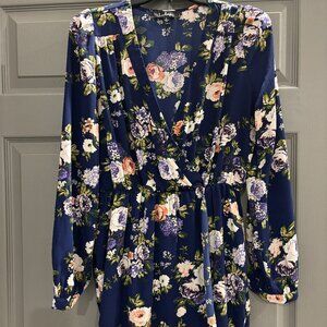 Lulu's That's a Wrap Long Sleeve Floral Dress - Blue/Navy